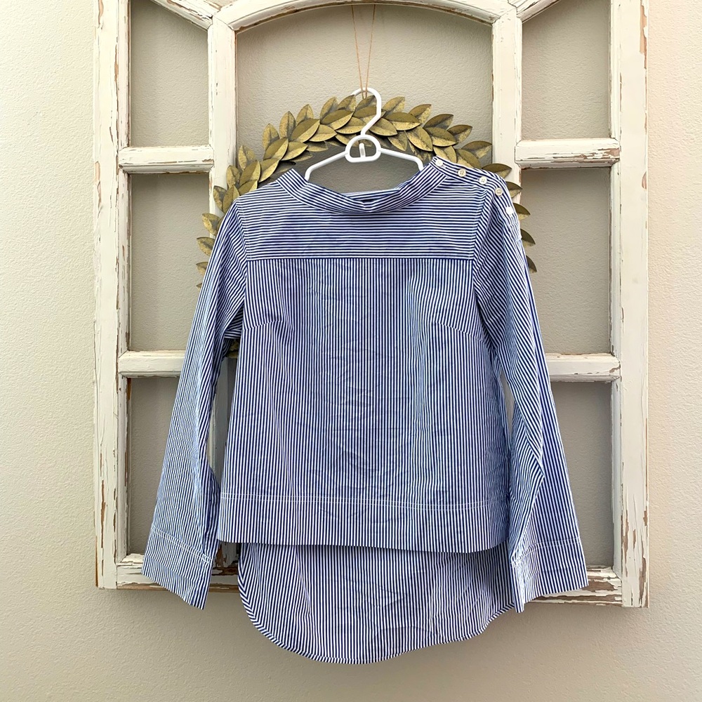 J. Crew size 2 blue and white stripe high low side collar button blouse.